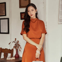 Silk Midi Dress with High Neckline and Flared Hem