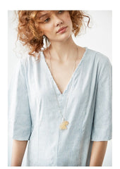 V-Neck Midi Linen Dress with Elbow-Length Sleeves