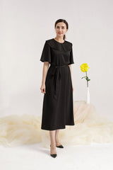 Silk Midi Dress with Cape Collar and Self-Tie Waist