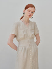 V-Neck Button-Down Linen Midi Dress with Fitted Waist and Short Sleeves