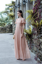 Geneva Pleated Short Sleeve Organza Formal Maxi Dress