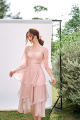 Francisca Sweetheart Neck Bishop Sleeves Layered Midi Dress
