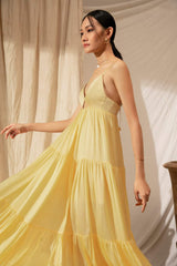 Silk Organza Tiered Maxi Dress with Spaghetti Straps and Gathered Skirt Design