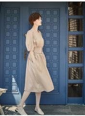 Smocked Waist Linen Midi Dress with Puff Sleeves and Back Zipper