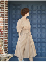 Smocked Waist Linen Midi Dress with Puff Sleeves and Back Zipper