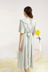 Silk Midi Dress with Oversized Collar and Waist Tie
