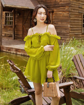 Off-Shoulder Chiffon Organza Jumpsuit with Ruffle Trim and Flowing Long Sleeves