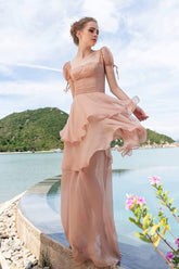 Caroline Square Neck Short Sleeve Layered Formal Organza Maxi Dress
