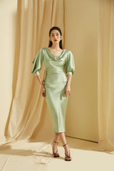 Silk Midi Dress with Draped Cowl Neckline, Ruched Back, and Puff Sleeves for Elegant Fit