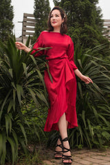 Asymmetrical Draped Midi Dress in Silk with Boat Neckline and Waist Tie Detail