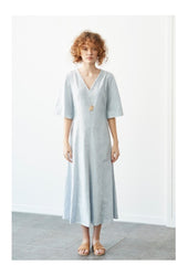 V-Neck Midi Linen Dress with Elbow-Length Sleeves