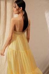 Silk Organza Tiered Maxi Dress with Spaghetti Straps and Gathered Skirt Design