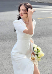 Aelita Puff Sleeve V Neck Midi Silk Dress