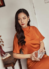 Silk Midi Dress with High Neckline and Flared Hem