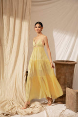Silk Organza Tiered Maxi Dress with Spaghetti Straps and Gathered Skirt Design