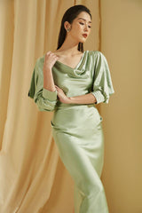 Silk Midi Dress with Draped Cowl Neckline, Ruched Back, and Puff Sleeves for Elegant Fit