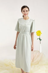 Silk Midi Dress with Oversized Collar and Waist Tie