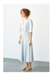V-Neck Midi Linen Dress with Elbow-Length Sleeves