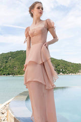 Robe longue Caroline en organza à manches courtes et col carré
