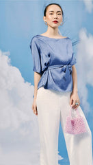 Silk Boatneck Top with Side Tie and Relaxed Draped Fit