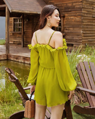 Off-Shoulder Chiffon Organza Jumpsuit with Ruffle Trim and Flowing Long Sleeves