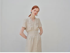 V-Neck Button-Down Linen Midi Dress with Fitted Waist and Short Sleeves