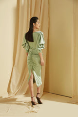 Silk Midi Dress with Draped Cowl Neckline, Ruched Back, and Puff Sleeves for Elegant Fit