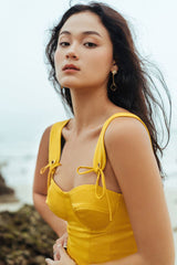 Pleated Bustier Midi Dress in Lightweight Crepe with Structured Bodice and Tie Straps