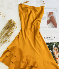 Silk Asymmetrical Ruffle Midi Dress with Spaghetti Straps