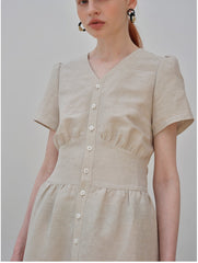 V-Neck Button-Down Linen Midi Dress with Fitted Waist and Short Sleeves