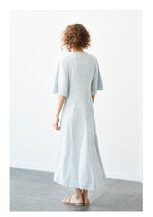 V-Neck Midi Linen Dress with Elbow-Length Sleeves