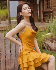 Silk Asymmetrical Ruffle Midi Dress with Spaghetti Straps