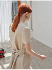 V-Neck Button-Down Linen Midi Dress with Fitted Waist and Short Sleeves