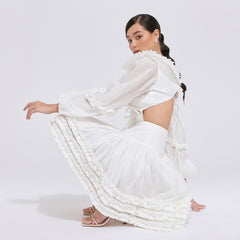 Tiered ruffle mini dress in sheer organza with balloon sleeves and open back tie detail