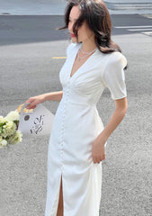 Aelita Puff Sleeve V Neck Midi Silk Dress
