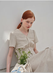 V-Neck Button-Down Linen Midi Dress with Fitted Waist and Short Sleeves
