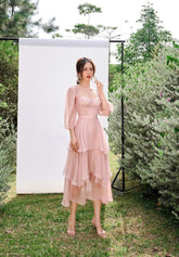 Francisca Sweetheart Neck Bishop Sleeves Layered Midi Dress