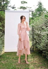 Francisca Sweetheart Neck Bishop Sleeves Layered Midi Dress