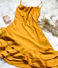 Silk Asymmetrical Ruffle Midi Dress with Spaghetti Straps