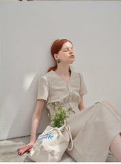 V-Neck Button-Down Linen Midi Dress with Fitted Waist and Short Sleeves