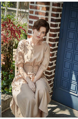 Smocked Waist Linen Midi Dress with Puff Sleeves and Back Zipper