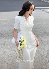 Aelita Puff Sleeve V Neck Midi Silk Dress