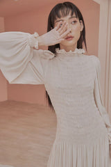 Doreen High Neck Long Bishop Sleeves Shirred Tiered Maxi Dress