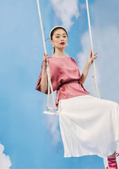 Silk Short-Sleeve Blouse with Waist Tie and Relaxed Fit for Effortless Feminine Style