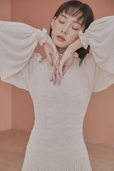Doreen High Neck Long Bishop Sleeves Shirred Tiered Maxi Dress