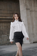 Mona Long Bishop Sleeve High Neck Frill Silk Blouse
