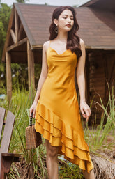 Silk Asymmetrical Ruffle Midi Dress with Spaghetti Straps