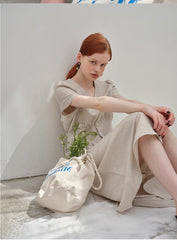 V-Neck Button-Down Linen Midi Dress with Fitted Waist and Short Sleeves