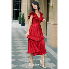 Pleated silk midi dress with ruffled sleeves and deep V-back for elegant evening wear
