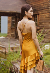 Silk Asymmetrical Ruffle Midi Dress with Spaghetti Straps